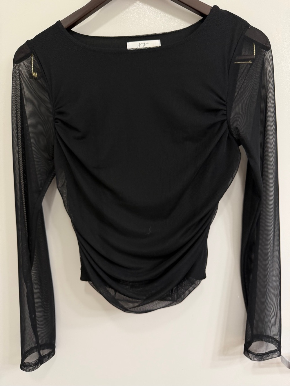 gaze Black Sheer-Sleeve Long Sleeve Top
